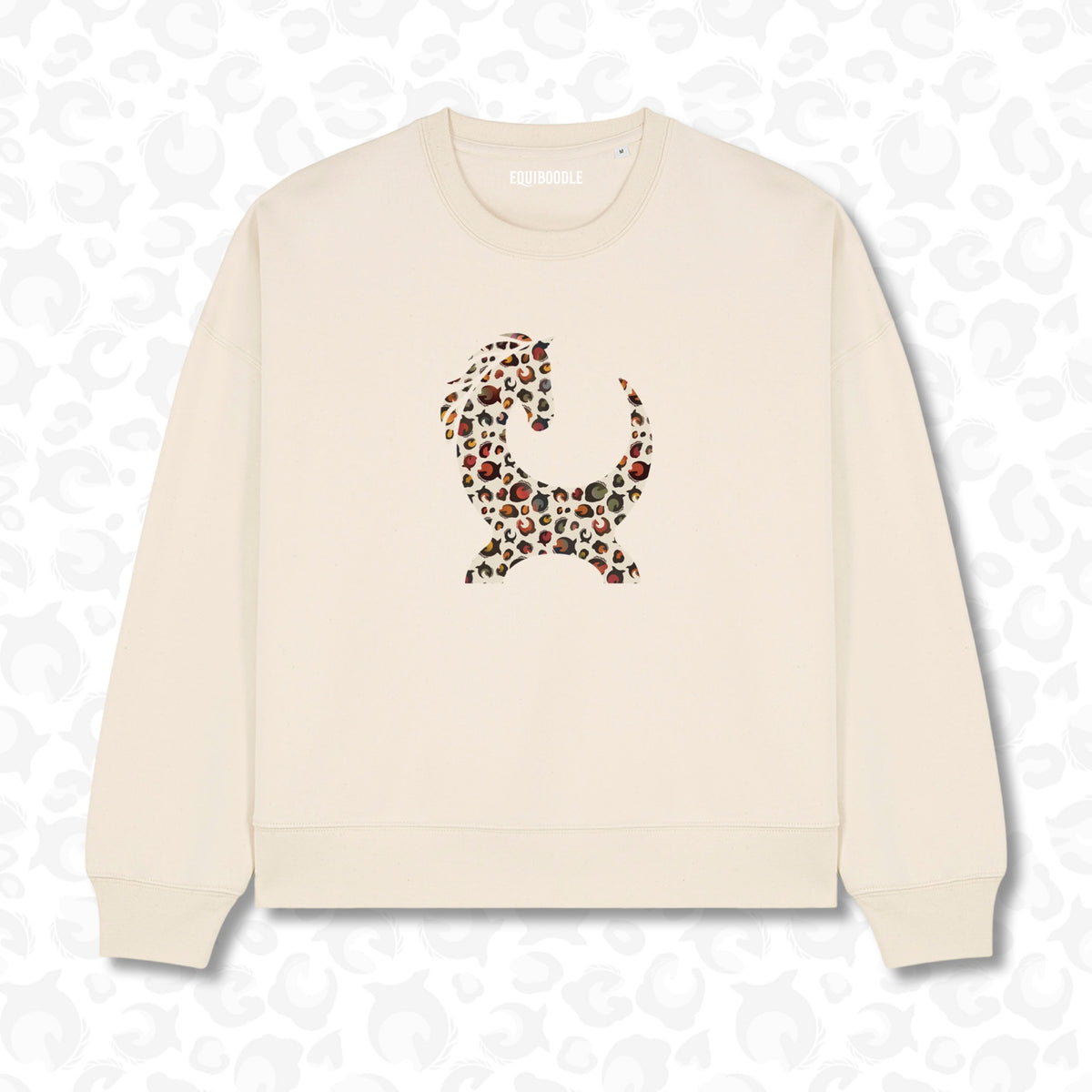 Oatmeal Alma jumper featuring autumn winter leopard horse motif