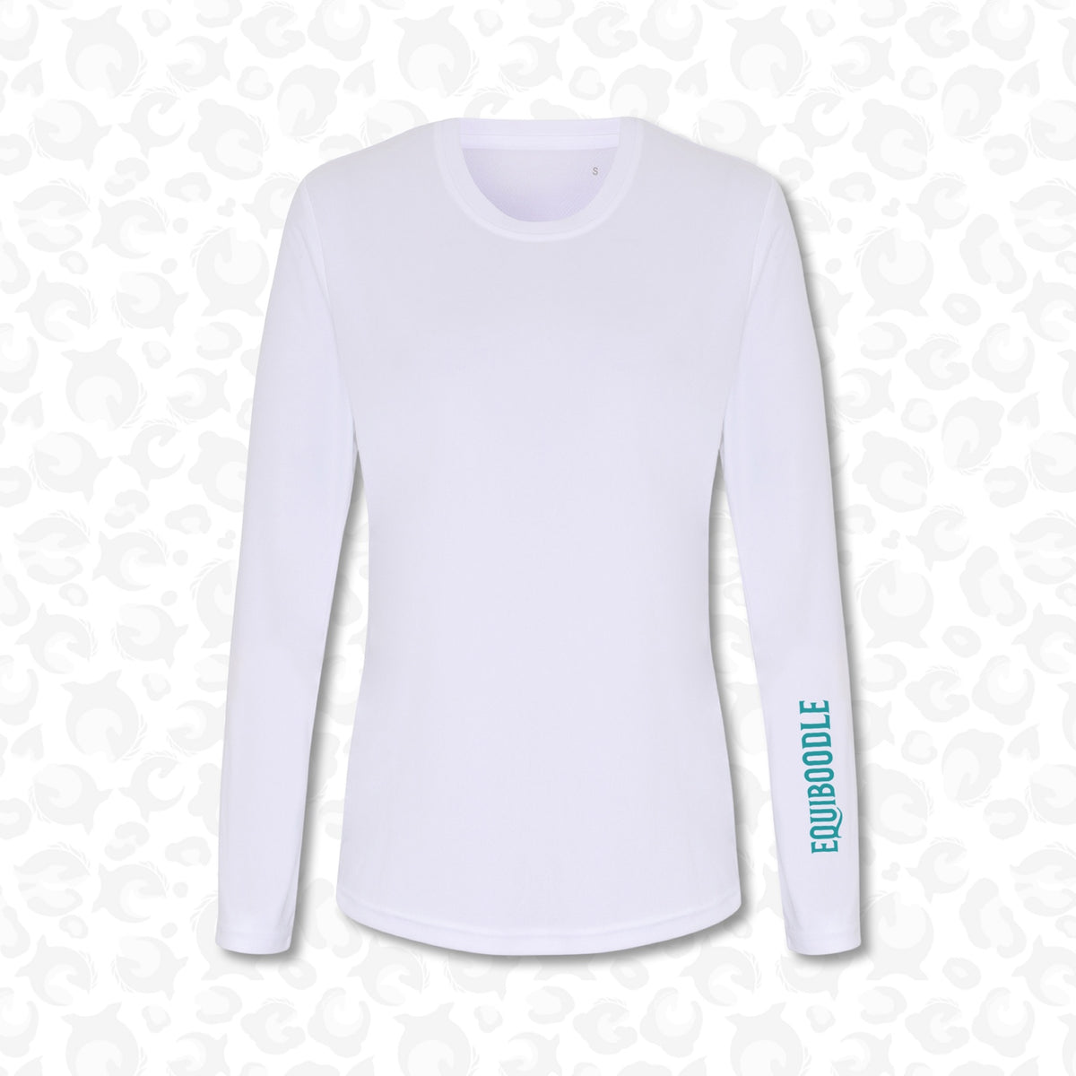 Equiboodle Form Performance Baselayer in white with Teal Blue EQUiBOODLE forearm logo