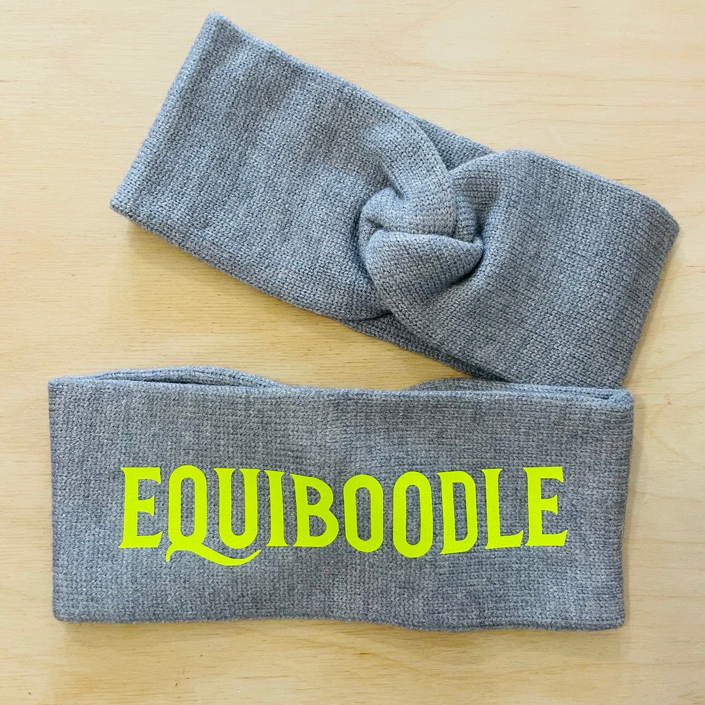 Equiboodle grey knitted headband with neon yellow logo