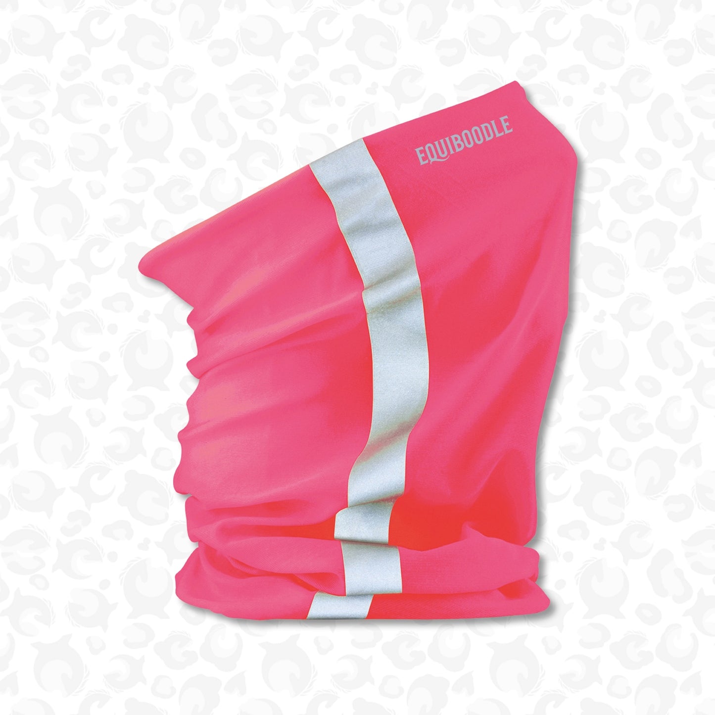 Pink Equiboodle riding snood with silver reflective stripe and reflective logo