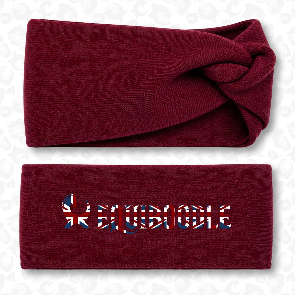 Equiboodle Union Jack twist headband burgundy - front and reversible branded view