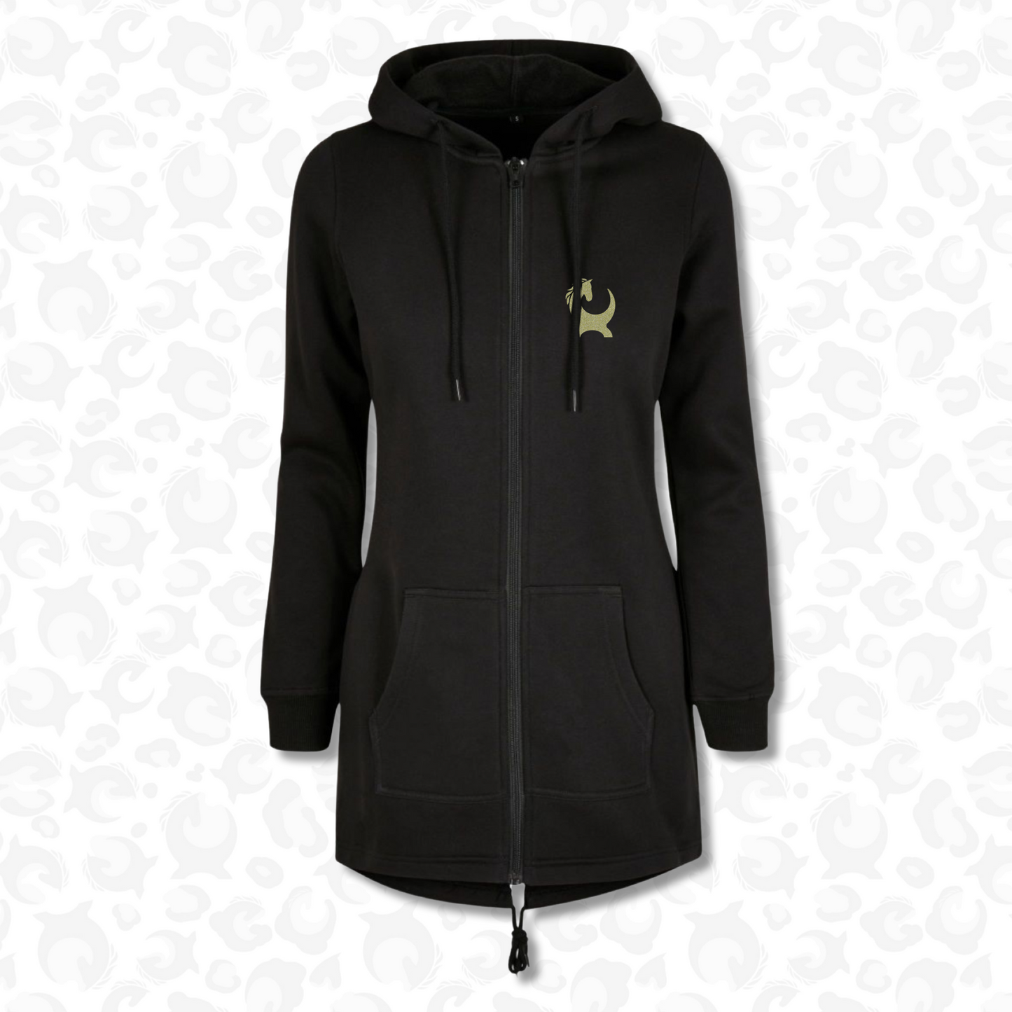 Back view of Equiboodle Jessica long hoodie in black with champagne gold design