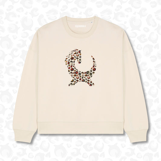 Oatmeal Alma jumper featuring autumn winter leopard horse motif