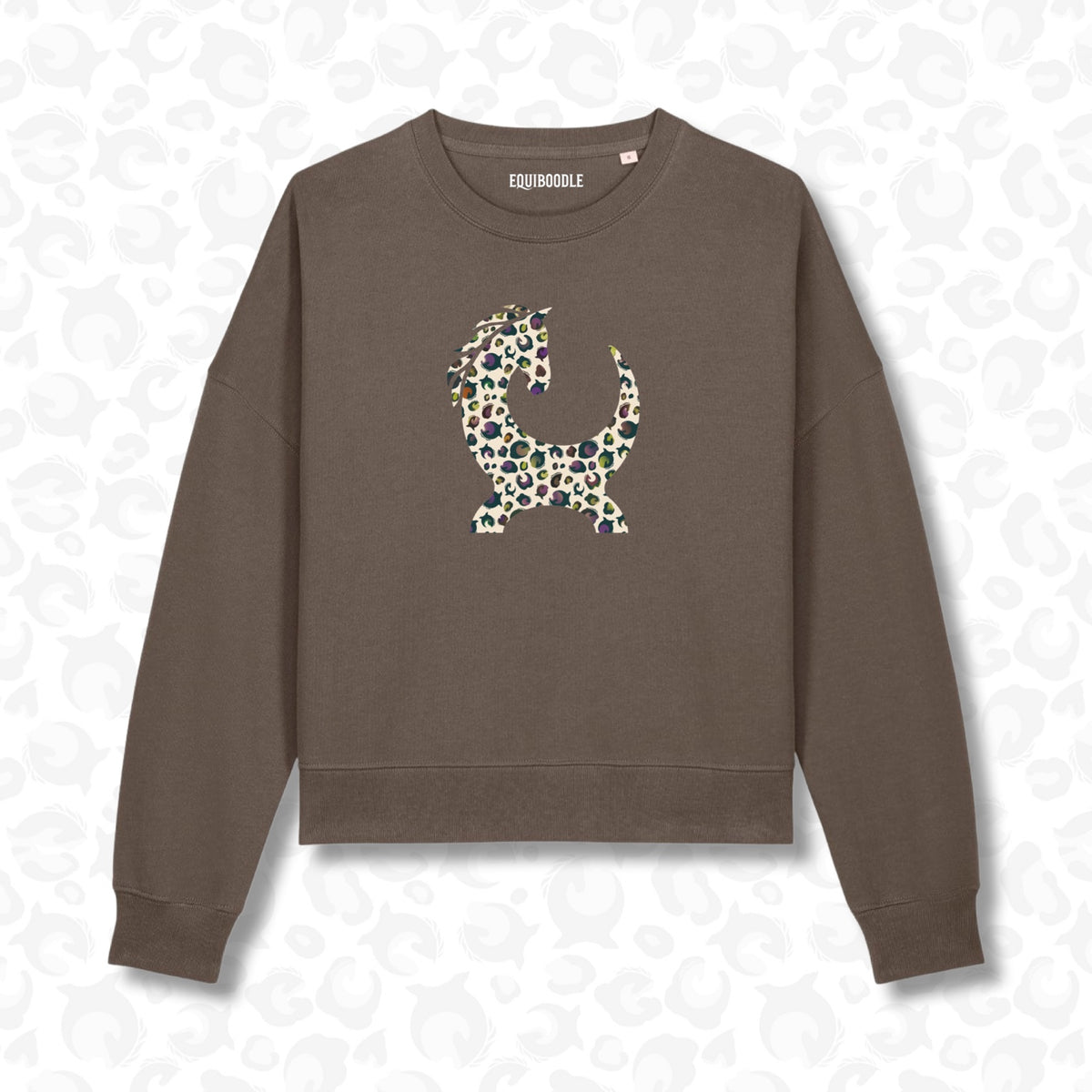 Cocoa Powder Alma jumper with Halloween leopard horse graphic