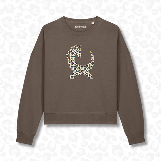 Cocoa Powder Alma jumper with Halloween leopard horse graphic