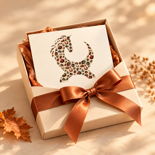 Equiboodle autumn leopard horse gift card with copper ribbon