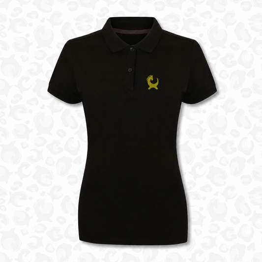 Equiboodle women's black micro-fine piqué polo shirt with gold horse logo