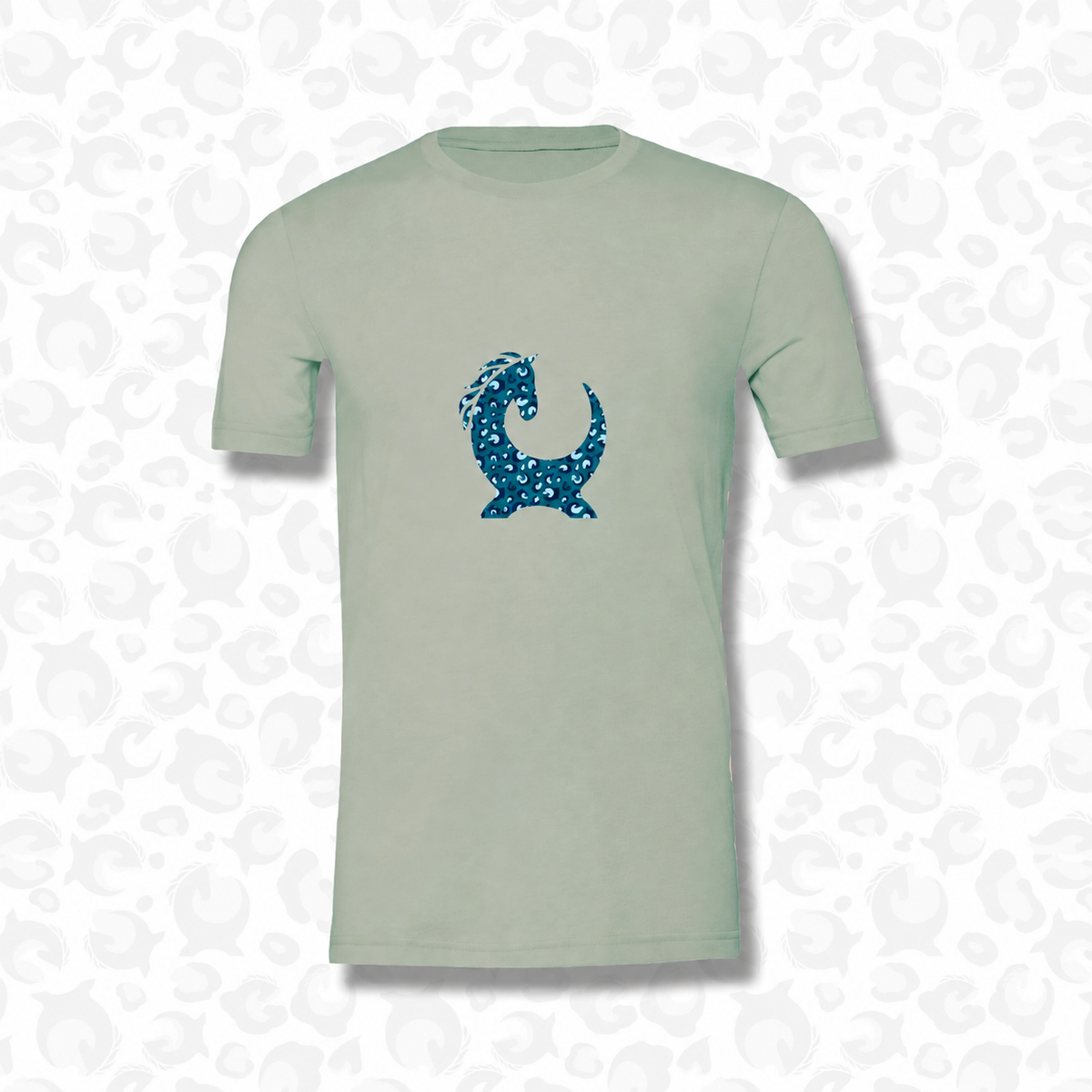 Equiboodle Core Tee in sage green with teal leopard horse design
