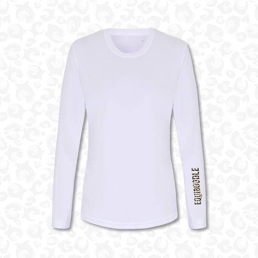 Equiboodle Form Performance Baselayer in white with Metallic Leopard EQUiBOODLE forearm logo