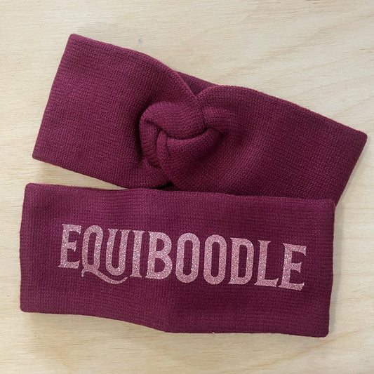 Equiboodle burgundy knitted headband with rose pink sparkle logo