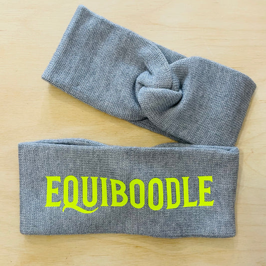Equiboodle grey knitted headband with neon yellow logo
