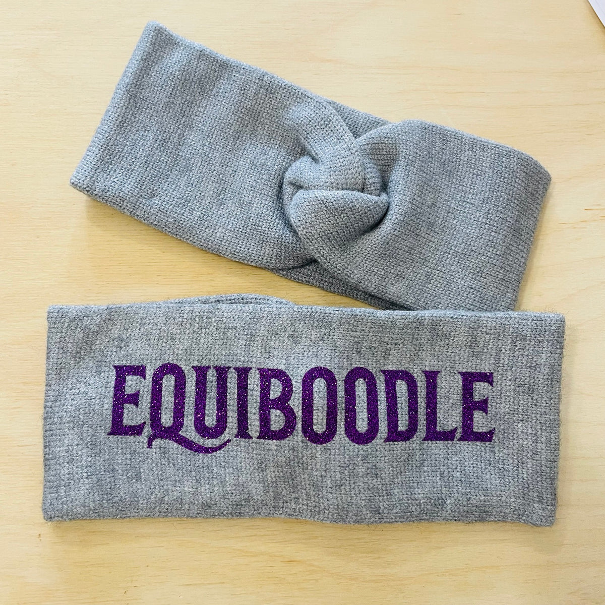 Equiboodle grey knitted headband with purple sparkle logo