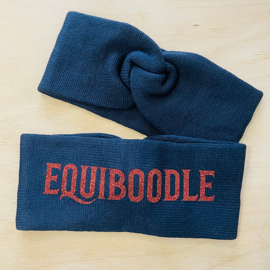 Equiboodle navy knitted headband with bronze sparkle logo