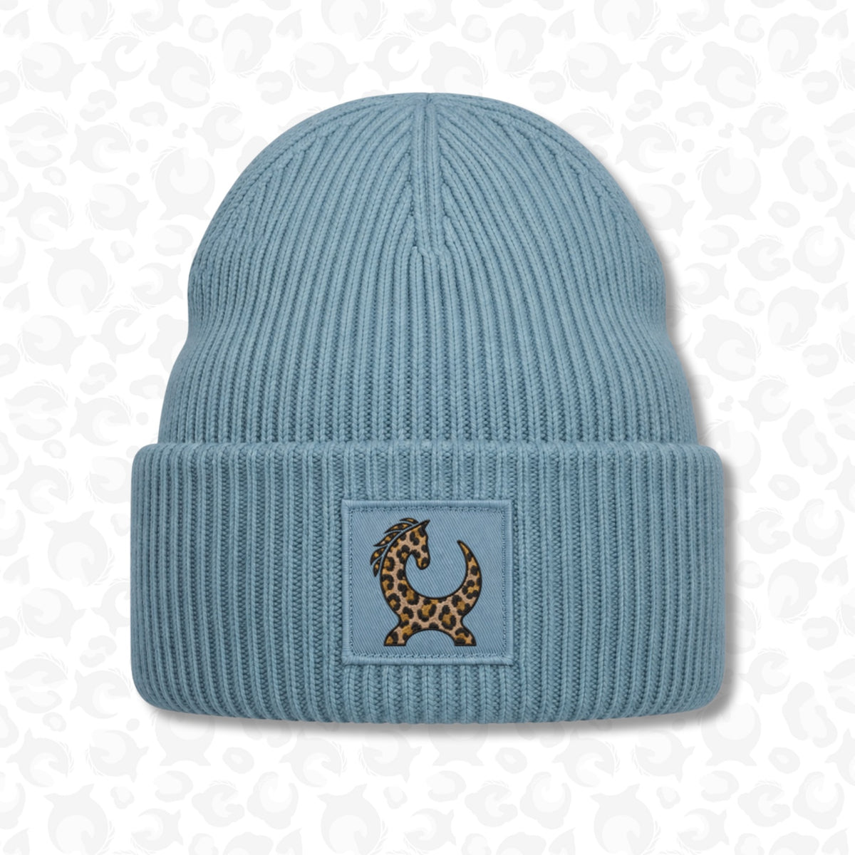 Equiboodle Leopard Patch Beanie in Dusty Blue