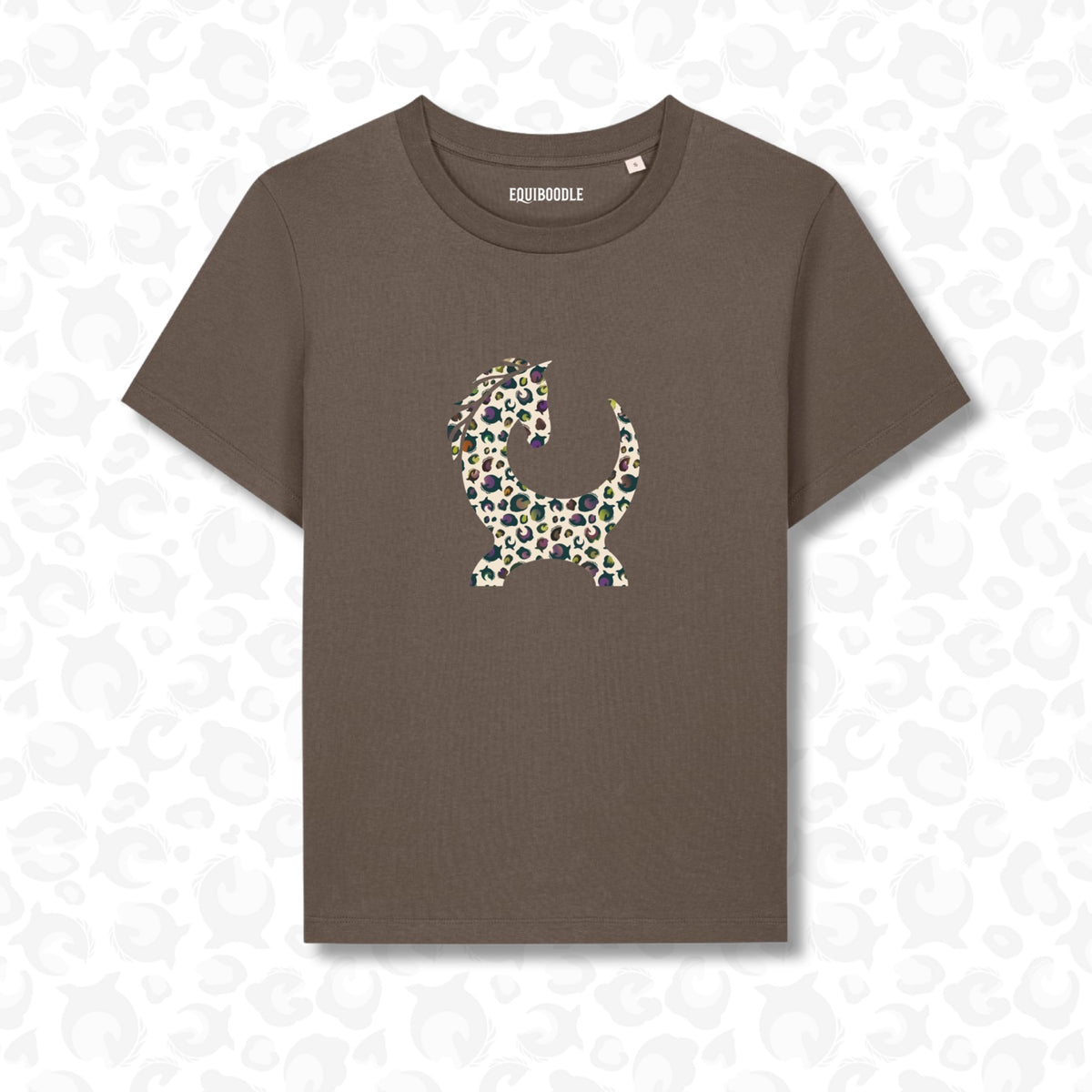 Cocoa Powder Lila tee with Halloween leopard horse graphic