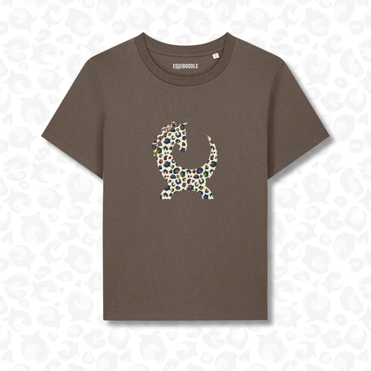 Cocoa Powder Lila tee with Halloween leopard horse graphic