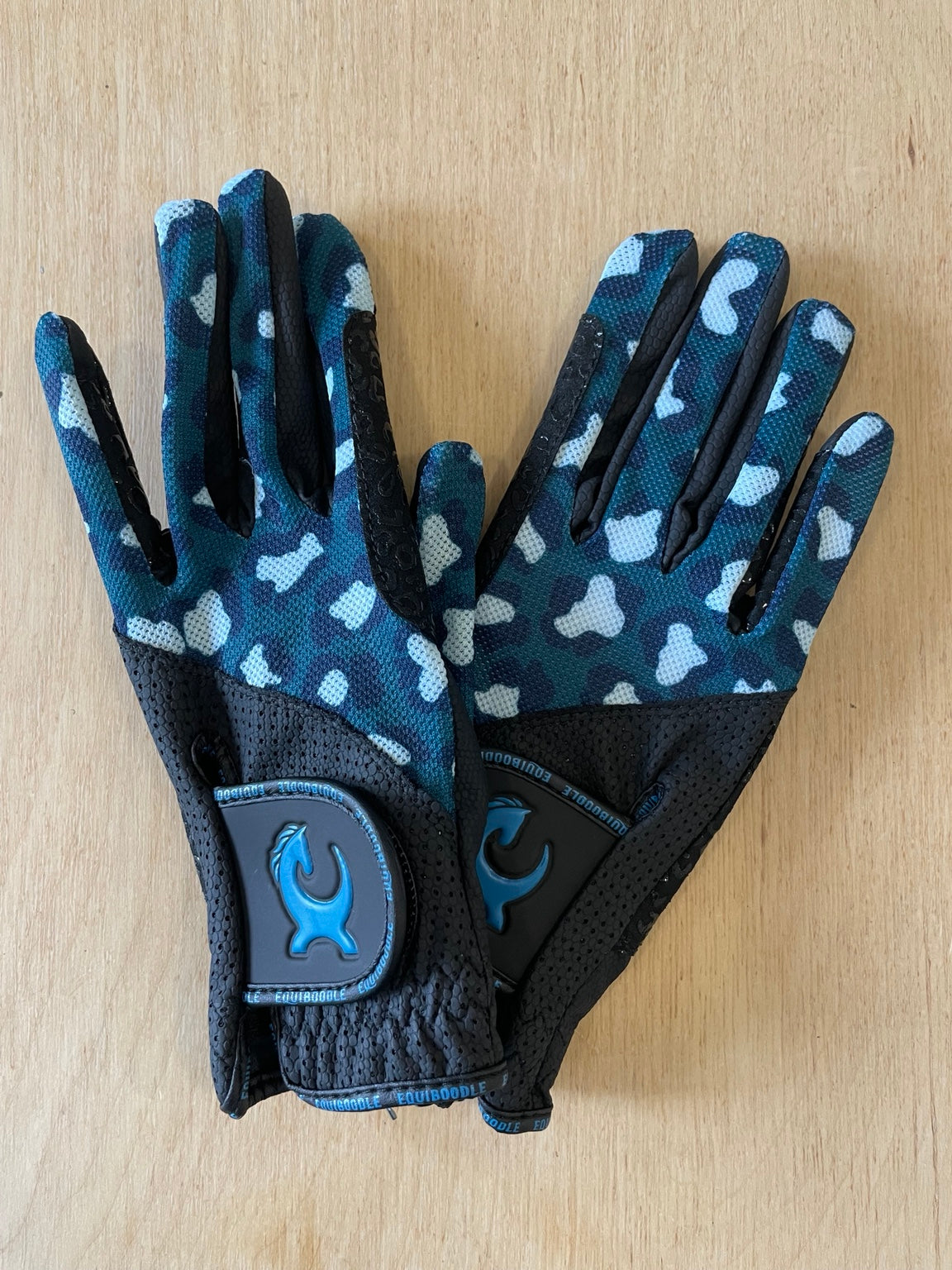 Equiboodle teal leopard riding gloves front view