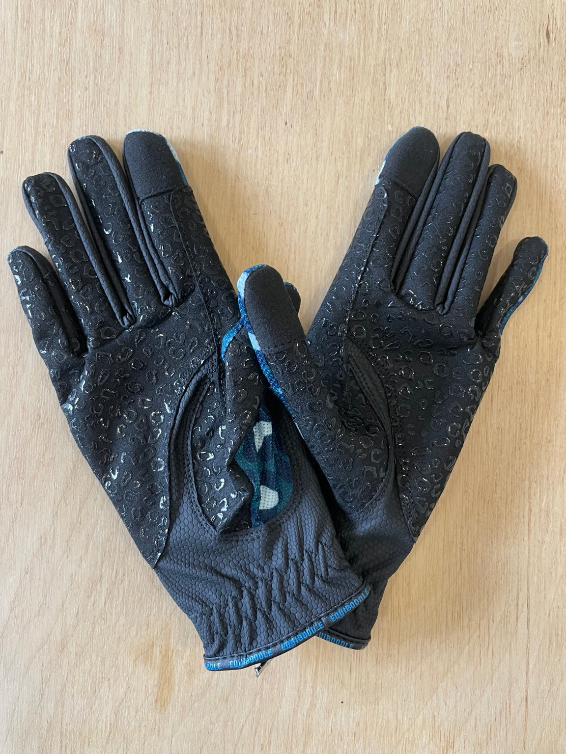 Equiboodle teal leopard riding gloves palm grip view