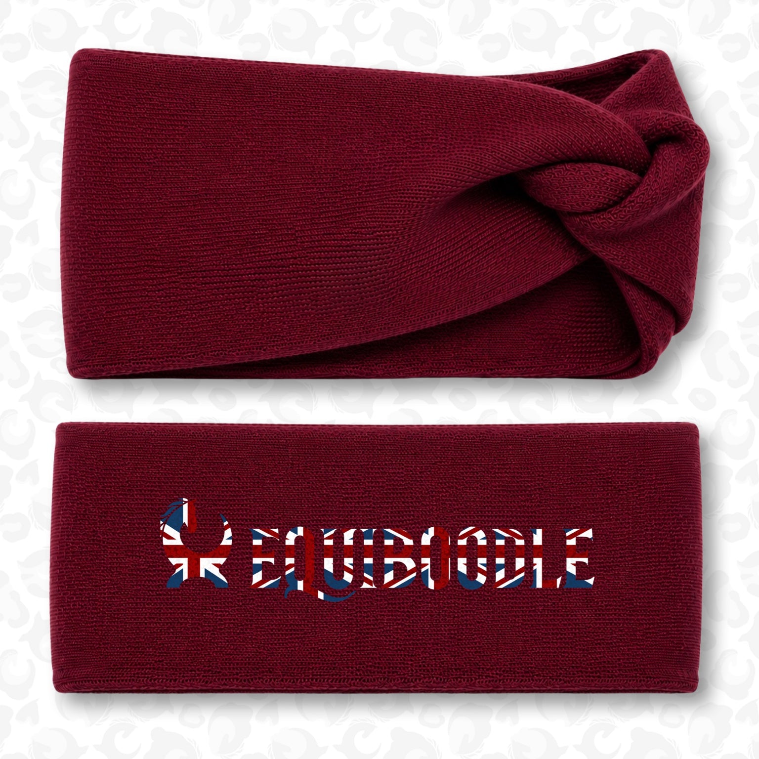 Equiboodle Union Jack twist headband burgundy - front and reversible branded view