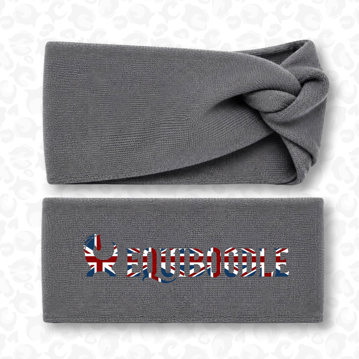 Equiboodle Union Jack twist headband grey - front and reversible branded view