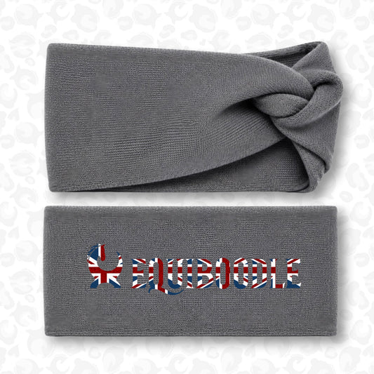 Equiboodle Union Jack twist headband grey - front and reversible branded view