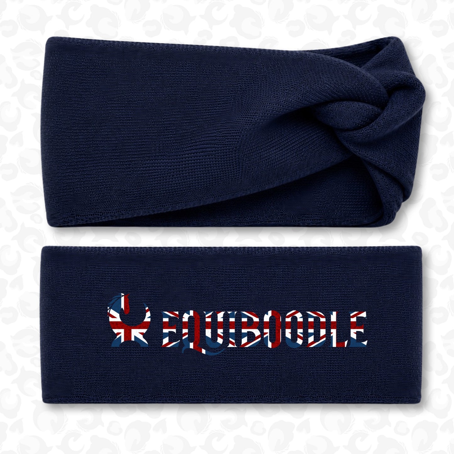Equiboodle Union Jack twist headband navy - front and reversible branded view