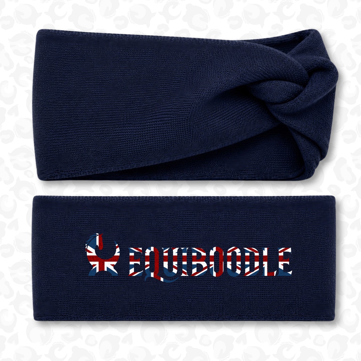 Equiboodle Union Jack twist headband navy - front and reversible branded view