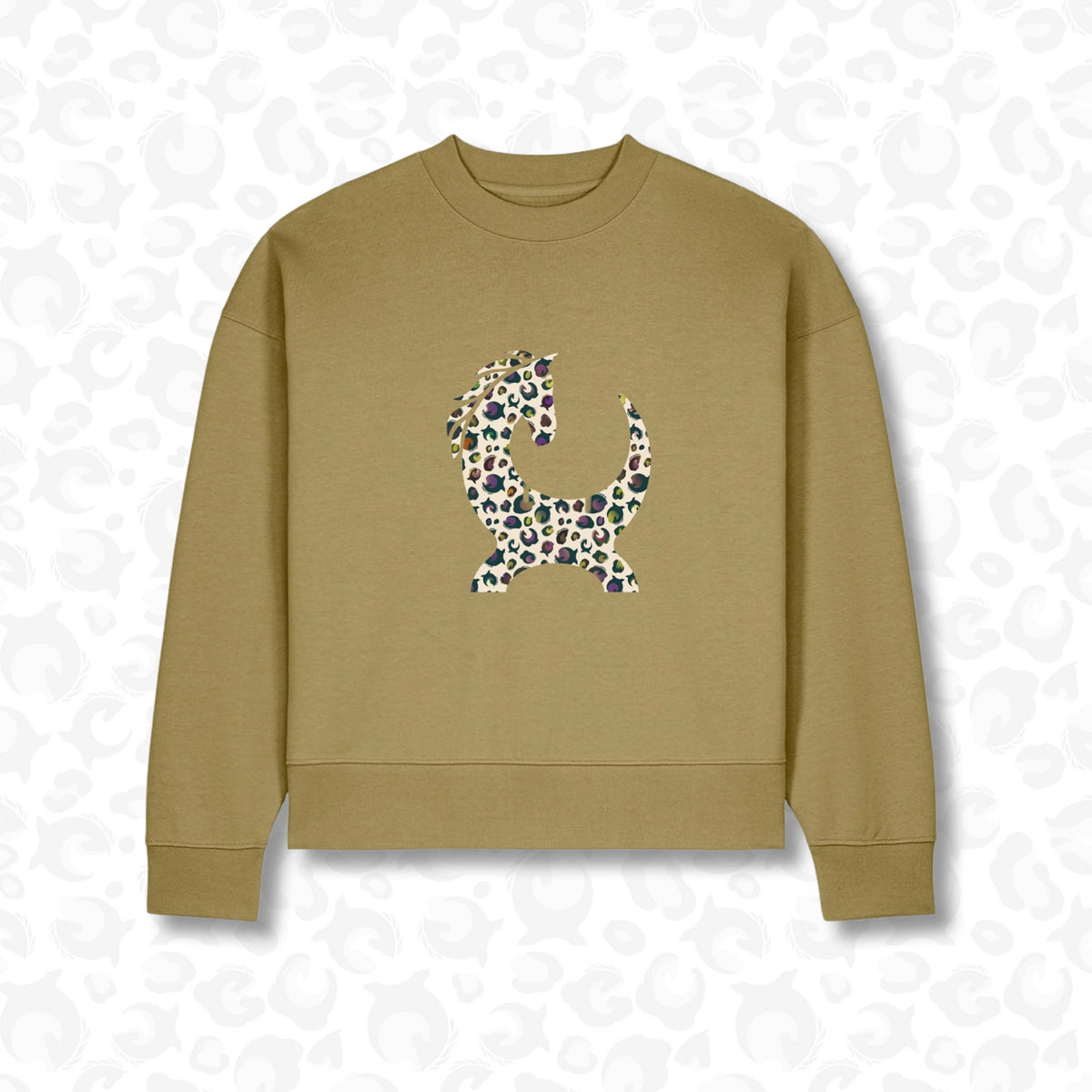 Faded Olive Field Crew sweatshirt with Halloween leopard horse silhouette
