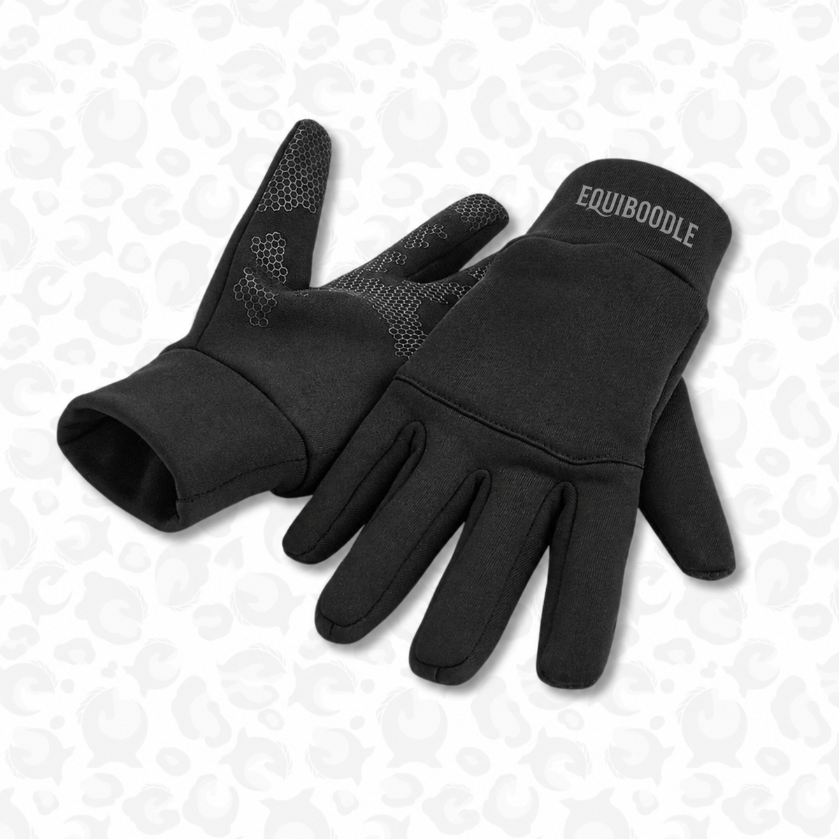 Black Glowstride Softshell Gloves with reflective Equiboodle cuff logo and textured palms