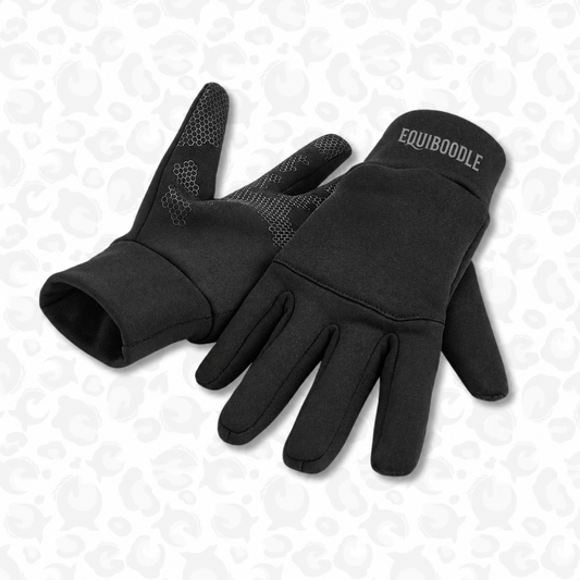 Black Glowstride Softshell Gloves with reflective Equiboodle cuff logo and textured palms