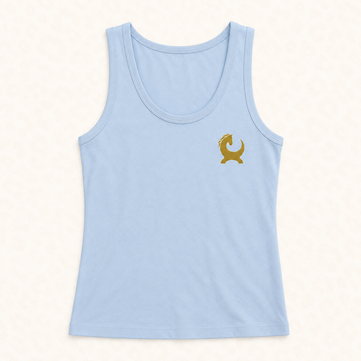 Pale blue cotton vest with gold Equiboodle emblem, size large