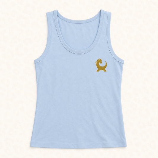 Pale blue cotton vest with gold Equiboodle emblem, size large