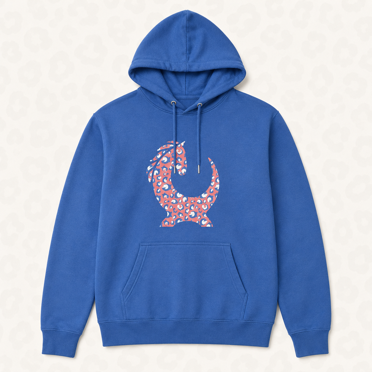 Blue Equiboodle Icon Hoodie with coral Summer Leopard emblem, size 2XL