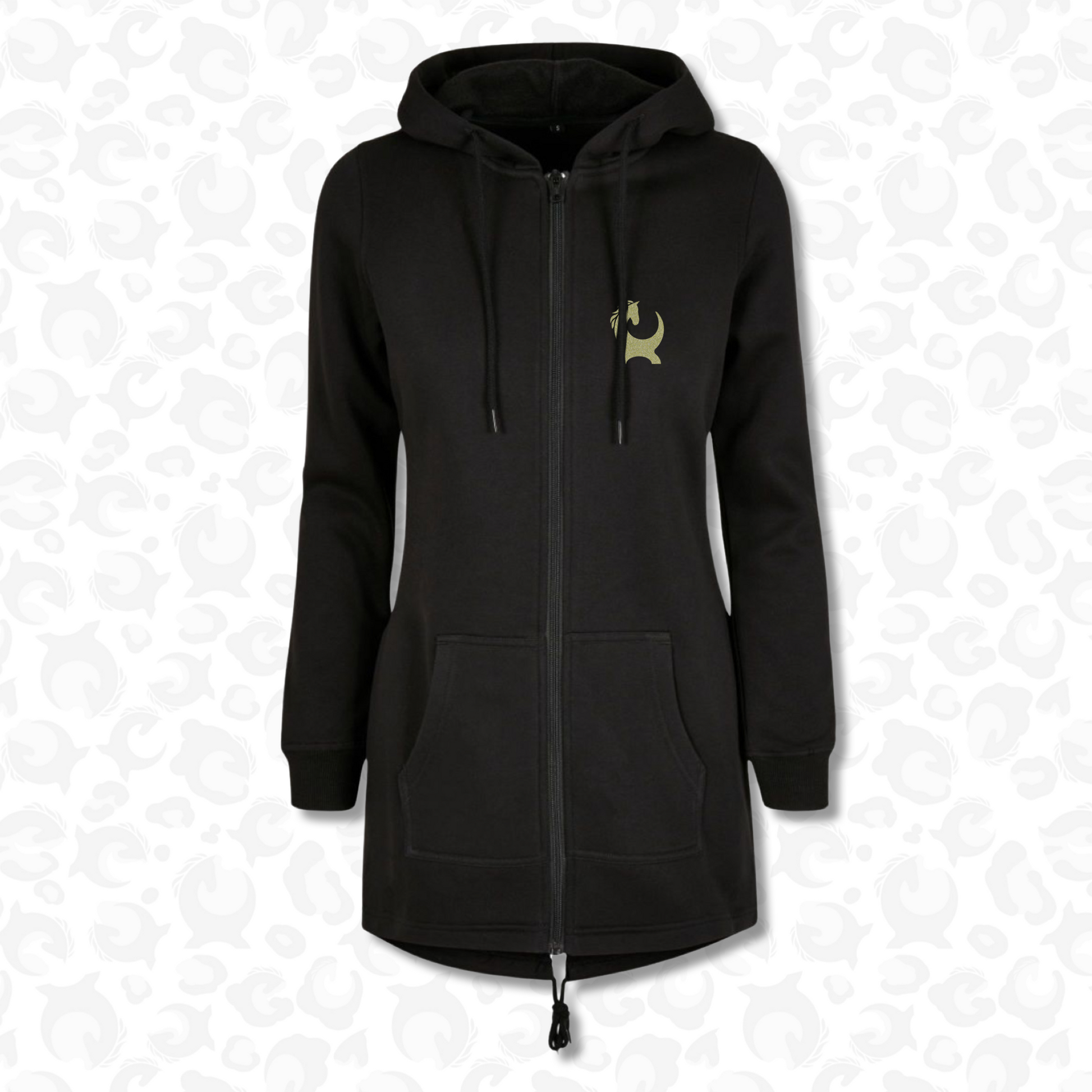 Back view of Equiboodle Jessica long hoodie in black with champagne gold design