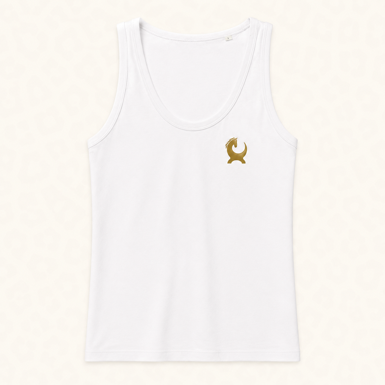 White cotton vest with gold Equiboodle emblem, size large