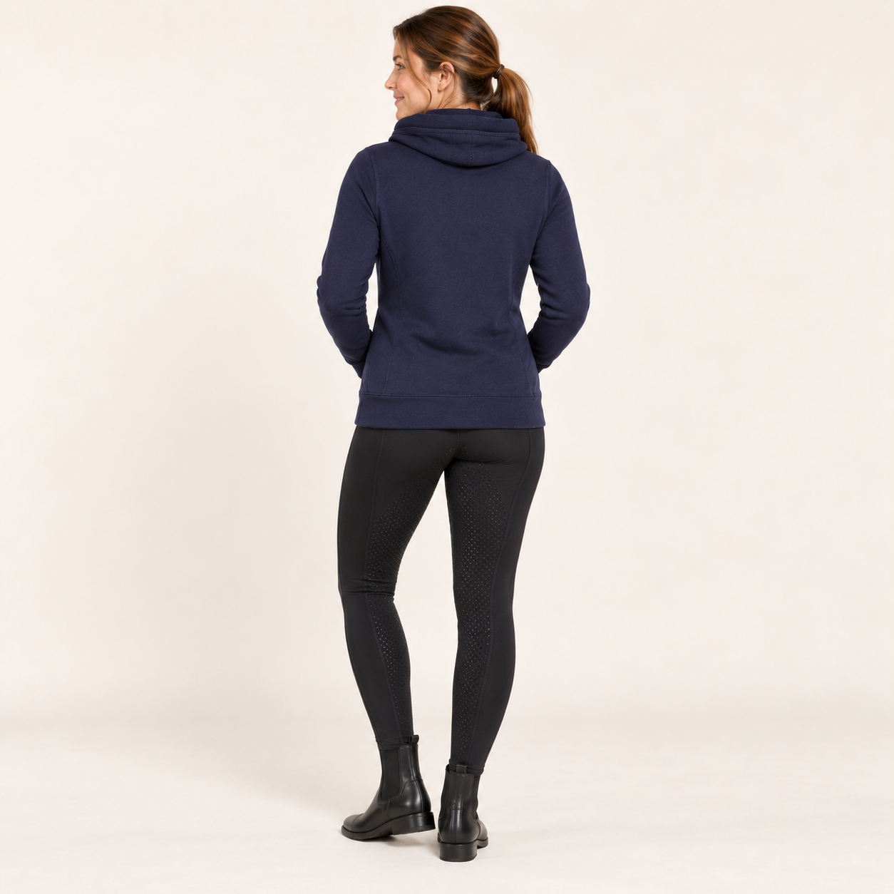 Rear fit view of the Equiboodle Teal Leopard Vixen cowl-neck hoodie